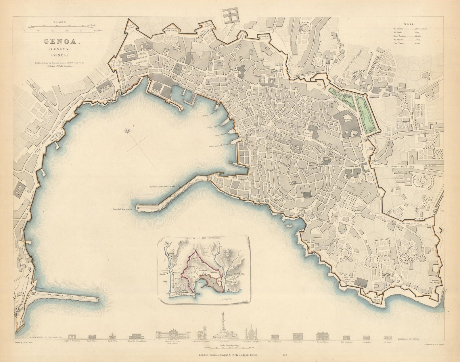 GENOVA GENOA GÊNES GÈNES. Antique town city map plan. Inset outworks. SDUK 1847